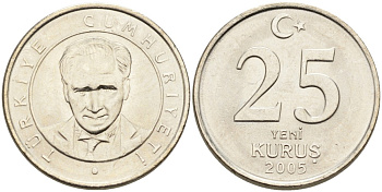 Турция 25 курушей 2005 Кемаль Ататюрк KM 1167 медь никель цинк UNC 75-723