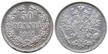 Россия для Финляндии 50 пенни 1911 L, Николай II (1894-1917) КМ 2.2, Биткин 404 серебро 4383-111