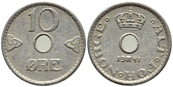 НОРВЕГИЯ 10 ЭРЕ 1941 ХОКОН VII (1905-1957) KM 383 медно-никель 4396-365