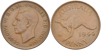 АВСТРАЛИЯ 1 ПЕННИ 1944 p, ГЕОРГ VI (1936-1952), КЕНГУРУ KM 36 бронза 4512-1134