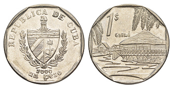 Куба 1 песо 2000 хижины Гуама KM 579 сталь плакированная никелем 4646-451