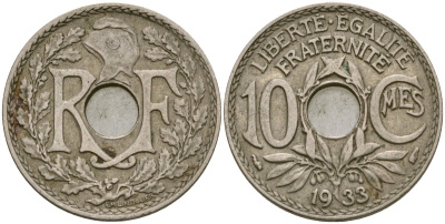 Франция 10 сантимов 1933 KM 866a медно-никель 51-2653