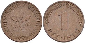 ФРГ 1 пфенниг 1950 J KM 105, J. 380 сталь плакированная медью    4115-111