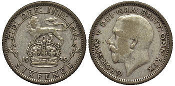 Великобритания 6 пенсов 1925 Георг V (1910-1936), узкий ободок KM 815a.2, Spink 4025 серебро 4539-151