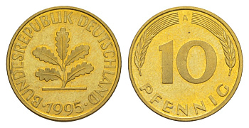 Германия 10 пфеннигов 1995 A KM 108, J. 383 сталь плакированная латунью UNC 4627-616