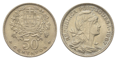 Португалия 50 сентаво 1967 голова Свободы вправо KM 577 никель латунь UNC 4679-526