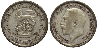 Великобритания 6 пенсов 1925 Георг V (1910-1936), узкий ободок KM 815a.2, Spink 4025 серебро 4539-151