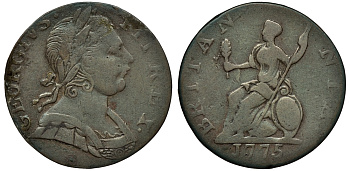 Великобритания 1 фартинг 1775 Георг III (1760-1820) KM 602, Spink 3775 медь 1524-333