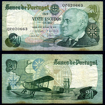 Португалия 20 эскудо 1978 4 октября 1978, Гагу Коутинью, signatures: Em?lio Rui da Veiga Peixoto Vilar & Lu?s Carlos de Assun??o Braz Teixeira Pick 176b(6) бумага 7204-32-1-2