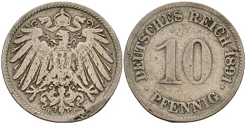 Германия 10 пфеннигов 1891 E J. 13,  KM 12 медно-никель    4603-514