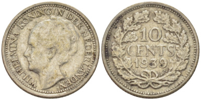 Нидерланды 10 центов 1939 Вильгельмина I (1890-1948) KM 163 серебро 84-958