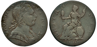 Великобритания 1 фартинг 1775 Георг III (1760-1820) KM 602, Spink 3775 медь 1524-333