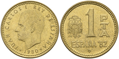 Испания 1 песета 1980 (80) чемпионат мира по футболу 1982 года в Испании, Хуан Карлос I (1975 - 2014) KM 816 алюминиевая бронза 4604-447