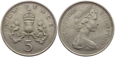 Великобритания 5 пенсов 1968 Елизавета II (1952-2022) KM 911, Spink 4233 (D1) медно-никель 51-2751