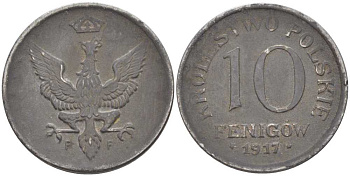 ПОЛЬША 10 ФЕНИГОВ 1917 FF. ГЕРМАНСКАЯ ОККУПАЦИЯ, ПЕРВАЯ МИРОВАЯ ВОЙНА, ЛЕГЕНДА НЕ КАСАЕТСЯ КРАЯ KM 6 железо 5010-1244