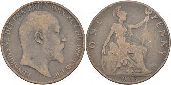 Великобритания 1 пенни 1903 Эдуард VII (1901-1910) KM 794.2, Spink 3990 бронза 215-241