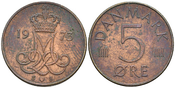 Дания 5 эре 1973 S; B, Маргрете II (1972- ) KM 859.1 железо плакированное медью    4596-317