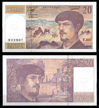 Франция 20 франков 1990 Pick 151 d бумага aUNC 7222-21-2-2