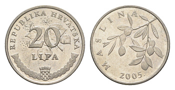 Хорватия 20 лип 2005 олива, нечетный год KM 7 сталь плакированная никелем UNC 3309-1268