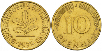 ФРГ 10 ПФЕННИГОВ 1971 J KM 108, J. 383 сталь плакированная латунью 4544-1123