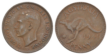 Австралия 1 пенни 1941 Георг VI (1936-1952), кенгуру KM 36 бронза 88-1221