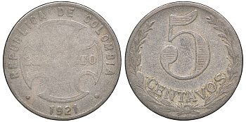 Колумбия 5 сентаво 1921 государственный лепрозорий KM L11 медно-никель 53-1047