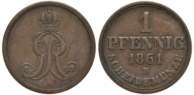 Ганновер 1 пфенниг 1861 B, Георг V KM 233, AKS 156, J. 90 медь 4594-217