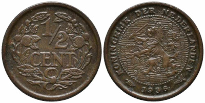 НИДЕРЛАНДЫ 1/2 ЦЕНТА 1936 ВИЛЬГЕЛЬМИНА (1890-1948) KM 138 бронза 112-427