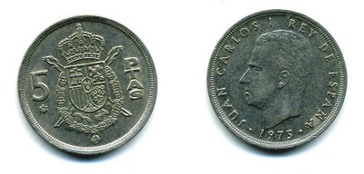 Испания 5 песет 1975 (79) Хуан Карлос I (1975-2014) KM 807 медно-никель 51-4441