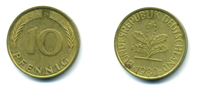 ФРГ 10 ПФЕННИГОВ 1980 G KM 108, J.383 сталь плакированная латунью 46-1317