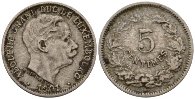 Люксембург 5 сантимов 1901 герцог Адольф (1890-1905) KM 24 медно-никель 4602-334