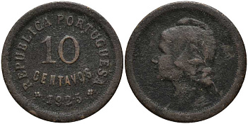 ПОРТУГАЛИЯ 10 СЕНТАВО 1925 РЕСПУБЛИКА, ГОЛОВА СВОБОДЫ ВЛЕВО КМ 573 бронза 202-323