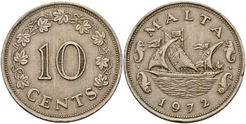 Мальта 10 центов 1972 баржа Великого магистра KM 11 медно-никель 4179-1315