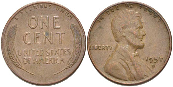США 1 ЦЕНТ 1957 D, ЛИНКОЛЬН KM А132 медь цинк 218-1041