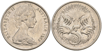 АВСТРАЛИЯ 5 ЦЕНТОВ 1983 ЕЛИЗАВЕТА II, МОЛОДОЙ ПОРТРЕТ, ЕХИДНА KM 64 медно-никель 4564-111