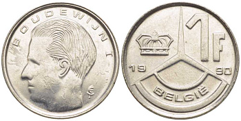 БЕЛЬГИЯ 1 ФРАНК 1990 BELGIE, БОДУЭН I (1951-1993) KM 171 железо плакированное никелем 116-1041