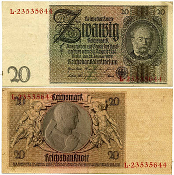 ГЕРМАНИЯ 20 РЕЙХСМАРОК 1929 Pick 181a бумага 3295-73-1