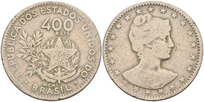 Бразилия 400 рейс 1901 голова свободы вправо KM 505 медно-никель 4367-231