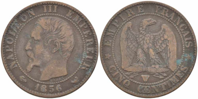 ФРАНЦИЯ 5 САНТИМОВ 1856 W, НАПОЛЕОН III (1852-1870) KM 777.7, LE FRANC 116.36 бронза 108-424