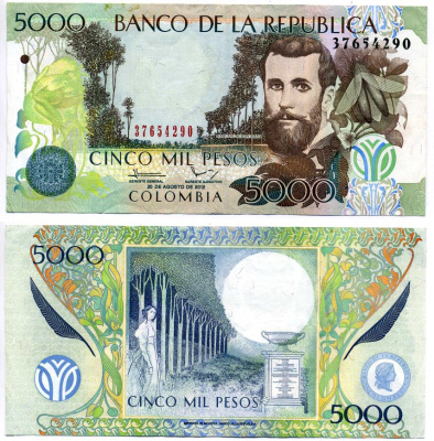 Колумбия 5000 песо 2012 20 августа Pick 452n бумага XF 7523-50-3-2