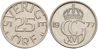 Швеция 25 эре 1977 U, Карл XVI Густав (1973- ) KM 851 медно-никель 4147-1123