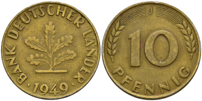 ФРГ 10 пфеннигов 1949 J KM 103, J.378 сталь плакированная латунью    4601-842