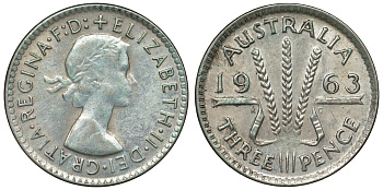 Австралия 3 пенса 1963 m, Елизавета II (1952-2022) KM 57 серебро 71-942