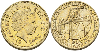 Англия 1 фунт 2005 ВИСЯЧИЙ МОСТ ЧЕРЕЗ МИНАЙ В УЭЛЬСЕ KM 1051, Spink 4596 никель латунь 88-531