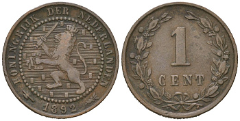 Нидерланды 1 цент 1892 Вильгельмина (1890-1948) KM 107 бронза 4154-464