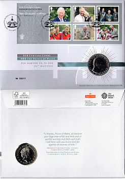 Великобритания 5 фунтов 2018 70 лет со дня рождения Принца Чарльза, в оригинальном конверте, с марками, первый день гашения KM 1593, Spink L62 медно-никель BU 8-2-06-55