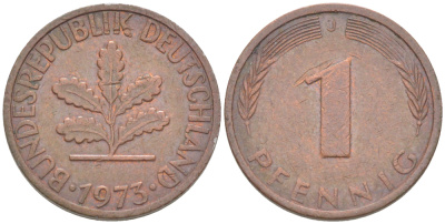 ФРГ 1 ПФЕННИГ 1973 J KM 105, J. 380 сталь плакированная медью 4181-567