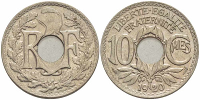 ФРАНЦИЯ 10 САНТИМОВ 1920 ТИП ЛИНДАЙЁ KM 866а, LE FRANC 138.4 медно-никель 108-131