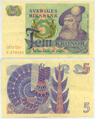 Швеция 5 крон 1978 DS, Густав I Ваза Pick 51d бумага aUNC 444-88-2