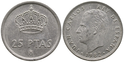 Испания 25 песет 1982 Хуан Карлос I (1975-2014) KM 824 медно-никель 4110-1543
